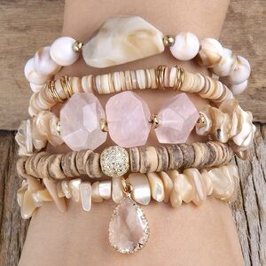 Pink Panache Beige & Gold Multi-Strand Stackable Bracelet Set